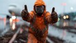 © Larisa AI - A dedicated worker wearing bright orange safety gear gives a thumbs up amidst a rainy environment, symbolizing resilience, positivity, and the human spirit in challenging conditions.