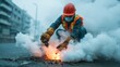 © Larisa AI - A construction worker in protective gear is managing a fiery situation amidst swirling smoke, representing the challenges of urban maintenance and safety in dangerous environments.