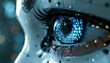 © reza - Close-up of a futuristic robot eye reflecting binary code.