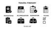 © @_ greta - Travel Itinerary Icons Representing Passport Visa Accommodation Reservation Packing and Luggage.