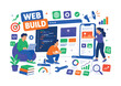 © Svitlana - Web Development Studio Modern web development banner featuring 3 expressive stylized human characters interacting with an oversized programming screen and giant mobile app board, developer toolkit,