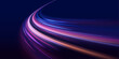 © Mirotvoric - Neon laser trails highway traffic with flowing motion purple, blue lines. Futuristic energy and light gradient wave, speed night city vector concept. Data streaming artwork on dark background.