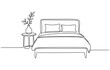© shrabon2005 - Continuous one line drawing of double bed with pillows and table with vase and plant.