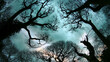 © Usaginikov - Dark Forest Background with Bare Tree Silhouettes and Dramatic Sky, Copy Space