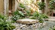 © DewiArt - Natural Stone Podium Amidst Tranquil Garden with Greenery and Water
