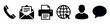 © Vladislav - Set of black communication icons for business contact information, including a phone, email, printer, website, user avatar, and chat bubble in a flat minimalist style