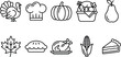 © Shukimon - Thanksgiving holiday autumn harvest food line icon set with turkey pumpkin pie corn basket symbols