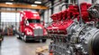 © Zarana  - Close up of a powerful red heavy duty diesel engine in a truck repair workshop