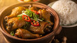 © ehab - Vietnamese ginger chicken dish, ga kho gung, braised chicken with ginger, caramelized sauce, served in a clay pot, garnished with scallions and chili, steamed jasmine rice on the side