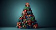 © Daniela - A towering pile of wrapped gifts in various colors and ribbons, resembling a Christmas tree