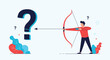 © Soriful - Archer businessman aiming bow and arrow at giant blue question mark for solving problems and finding answers in business.