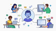 © Luiz - Illustration of a digital avatar interacting with users on different devices, a concept of virtual service and customer experience, isolated on a white background.