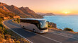© Illustratorstock - Tourist coach bus driving along coastal road at sunset. Scenic travel transport journey with a mountain and sea view. Concept completely without any texts or brand logos.