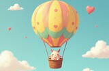 Cute cartoon demon rides in colorful hot air balloon. He flies in blue sky with heart shapes floating. Adorable creature soars above soft clouds.