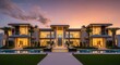 © Imam - Luxurious Modern Mansion with Illuminated Interior and Reflecting Pools at Sunset.