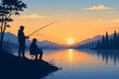 © Andres Mejia - Two men fishing at sunset by lake with mountains