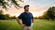 © Kristelinmind - Mature man golfer standing on fairway at sunset. Satisfied athlete enjoying leisure time after game. Successful sport hobby and lifestyle concept in green nature environment landscape.