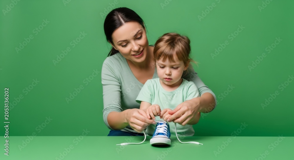 Photo inspiration: Visual Reference: Woman Teaching Child To Tie Shoelace Parent Educating Kid About