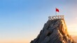© Nurul - 3D success text and red flag on rocky mountain peak representing business achievement and leadership goals