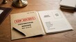 © Unslux - Dossier, Confidential, Open Top Secret Dossier With Blank Agent Profile On Wooden Desk. a classified file with a -Top Secret- red stamp and an empty p