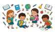 © Joy - Back to School Kids with School Backpacks Learning and Education Vector Illustration