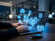 © Md - Person analyzing cryptocurrency data on laptop with futuristic digital interface in dark office