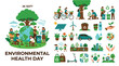 © newez - Environmental Health Day vector illustration set, sustainable lifestyle icons for 26 Sept, eco friendly people saving planet earth and nature
