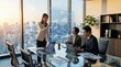 © Ran - Female executive presenting supply chain optimization charts to colleagues using virtual screen in glass conference room