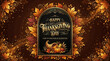 © VectorMonk - Happy thanksgiving day greeting card with a cornucopia, pumpkins, and autumn leaves, elegant gold typography on a dark brown decorative background