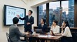 © Ze - Asian businessman presenting Q3 market share overview charts and graphs on a large smart screen to colleagues in a modern conference room