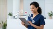 © Ze - Smiling female nurse in scrubs using a tablet with holographic medical icons for telemedicine, digital health records, and remote patient monitoring in a modern clinic.