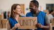 © AIMIN - World Refugee Day volunteers holding unity sign showing teamwork compassion humanitarian support for charity awareness campaign poster design