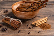 © panadesignteam - Cinnamon sticks in wooden bowl with ground cinnamon powder and various spices scattered on a rustic surface