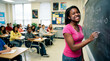 © Morrina - Back to school confident high school student solving math problem on blackboard smiling in classroom for education promotion learning achievement success
