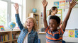 © Jian - Back to school elementary students raising hands laughing excitedly in bright classroom for education magazine cover joyful learning celebration diversity