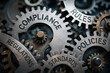 © NongEngEng - AI generated interconnected metal gears representing compliance regulations policies standards governance risk management corporate control within an organized business framework