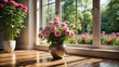 © Kitiphong - A vase filled with pink flowers rests atop a hardwood floor beside a window adorned with potted plants
