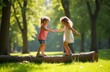 © miss irine - Two young girls balance on a fallen log in a sunlit park. Children play outdoors on a warm afternoon, practicing coordination and balance on a natural obstacle.