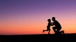 © 云 蔡 - Dramatic silhouette of a father carrying his child on shoulders against a spectacular sunset sky.
