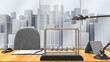 © massimo_g - Scrivania moderna con pendolo di Newton, taccuino e lampada davanti a grandi finestre con vista urbana. Immagine ideale per produttività, business, smart working e concetti aziendali.