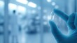 © yang - Closeup shot of scientist's gloved hand holding transparent custom medicine capsule, bright natural light, blurred laboratory background, realistic medical photography, biomedical research and pharmac