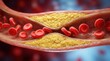 © Masque - Medical illustration of an artery with cholesterol buildup and red blood cells showing heart disease risk.