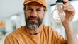 © Pinklife - A confident man in casual attire holds a lightbulb, symbolizing creativity and innovation, providing a glimpse into a bright idea within a modern, relaxed workspace environment.