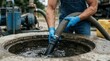 © Masque - Professional worker using a hose and gloves to extract sewage from a septic tank opening.