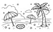 © MSTNASIMA - Beach scene coloring page for kids palm tree umbrella and ocean relaxation activity