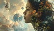 © bulegendut - A woman's profile is merged with a celestial scene of clouds, planets, and flora