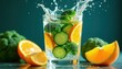 © miss irine - Glass of water with cucumber slices, broccoli florets, and orange pieces splashed. Fresh fruits and vegetables with water drops and healthy drink.