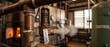 © Fernando - Industrial pressure relief safety valve venting steam in a boiler room. Vintage copper piping system under high pressure in a factory plant, displaying a metal warning tag for engineering maintenance.