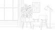 © Abi - Modern minimalist living room interior line art illustration with potted plant, comfortable armchair, floor lamp, and window