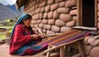 © CD Creations - Photorealistic Peruvian Andean woman weaving textiles in mountain village, traditional loom, representing adventure lifestyle, outdoor freedom, and scenic beauty